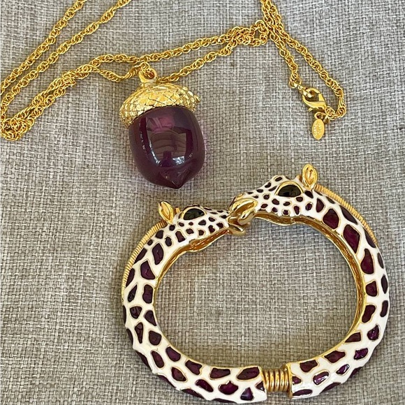 Kenneth Jay Lane Giraffe Bangle & Acorn Pendant Necklace Set – Enamel, Gold Tone - Picture 3 of 8